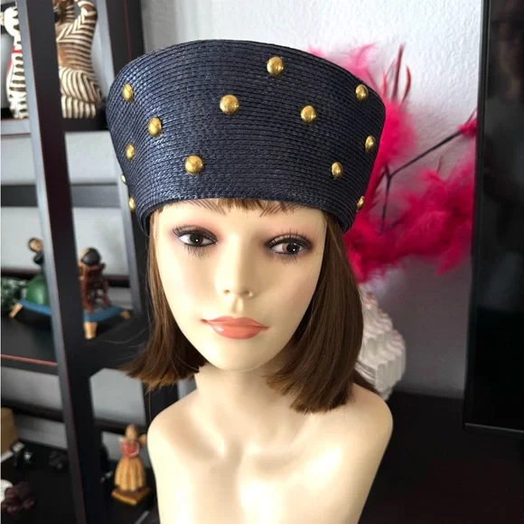 Vintage Navy Blue and Gold Studded Women's Hat - Picture 1 of 9